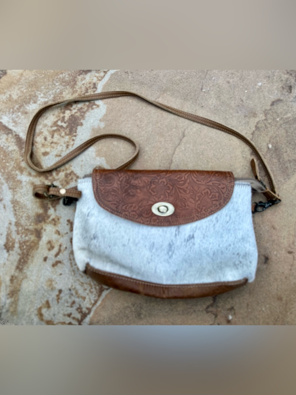 Myra Bag ✨Procrastination Leather & Hairon Crossbody Bag ✨Brown Hand Tooled Flap